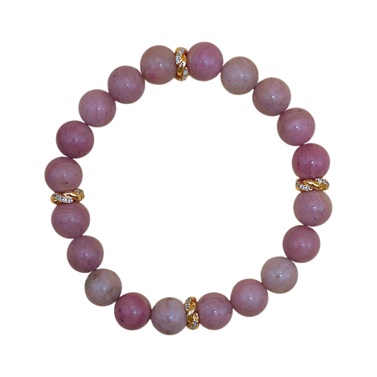 „Rodonit Armband 8 mm mit 18k vergoldeten Zwischenperlen, elastisch, energetischer Schmuck für Sternzeichen Stier.“