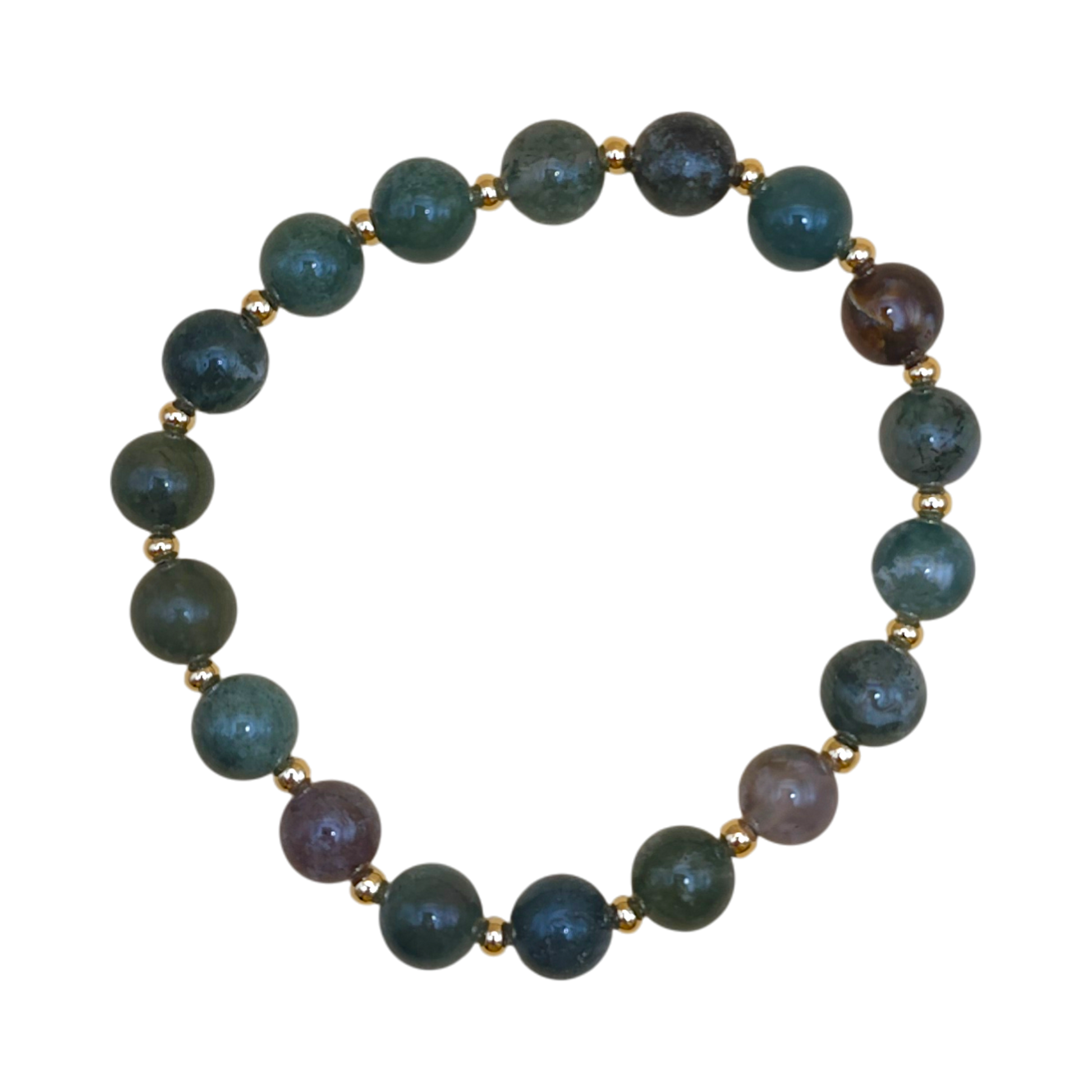 Armband aus 8 mm Achatperlen für Stier mit vergoldeten Zwischenperlen, elastisch, 17 cm