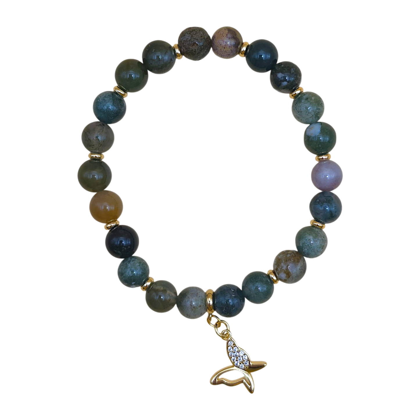 Achat Armband für Stier mit 8-mm Perlen und 18k vergoldetem Schmetterlings-Anhänger