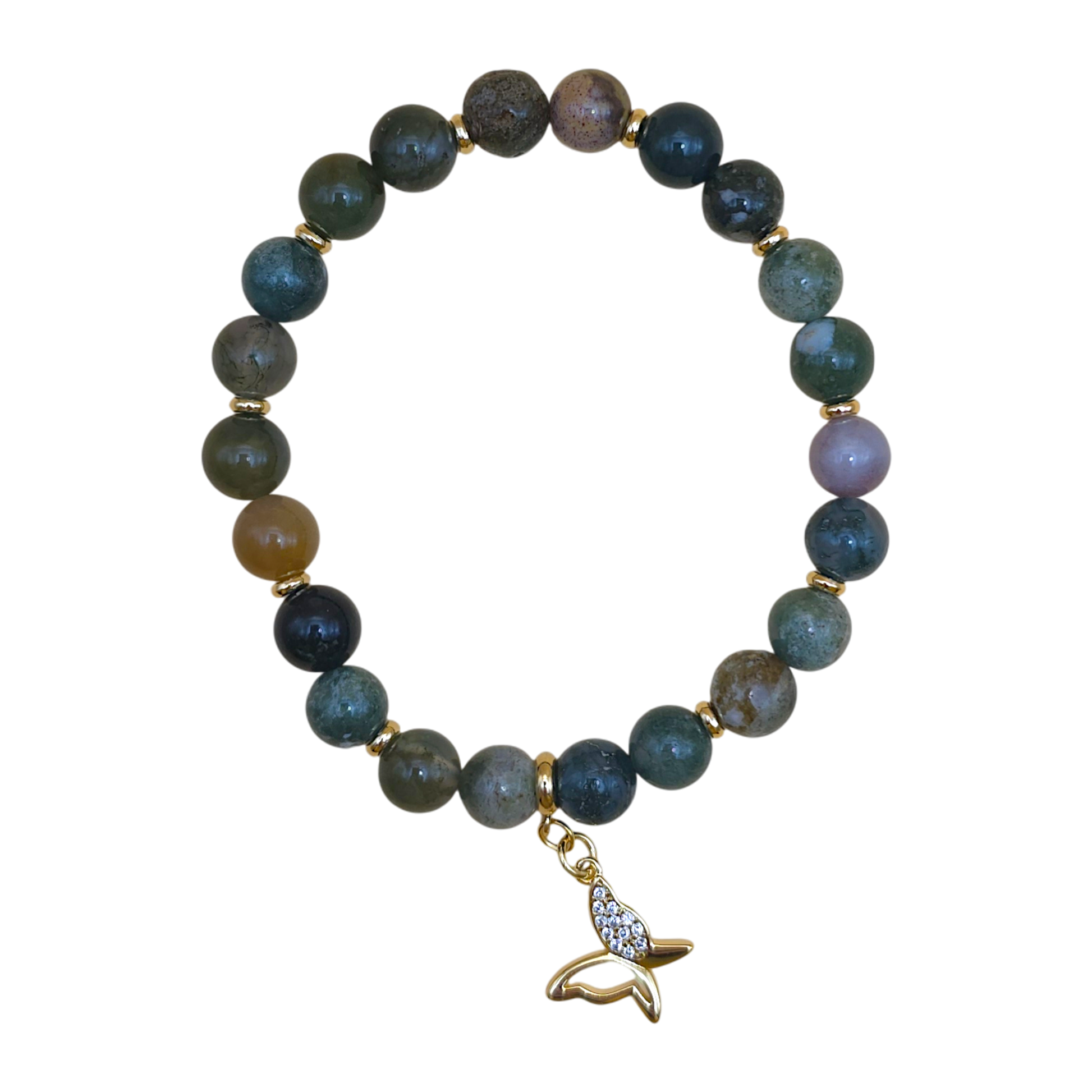 Achat Armband für Stier mit 8-mm Perlen und 18k vergoldetem Schmetterlings-Anhänger