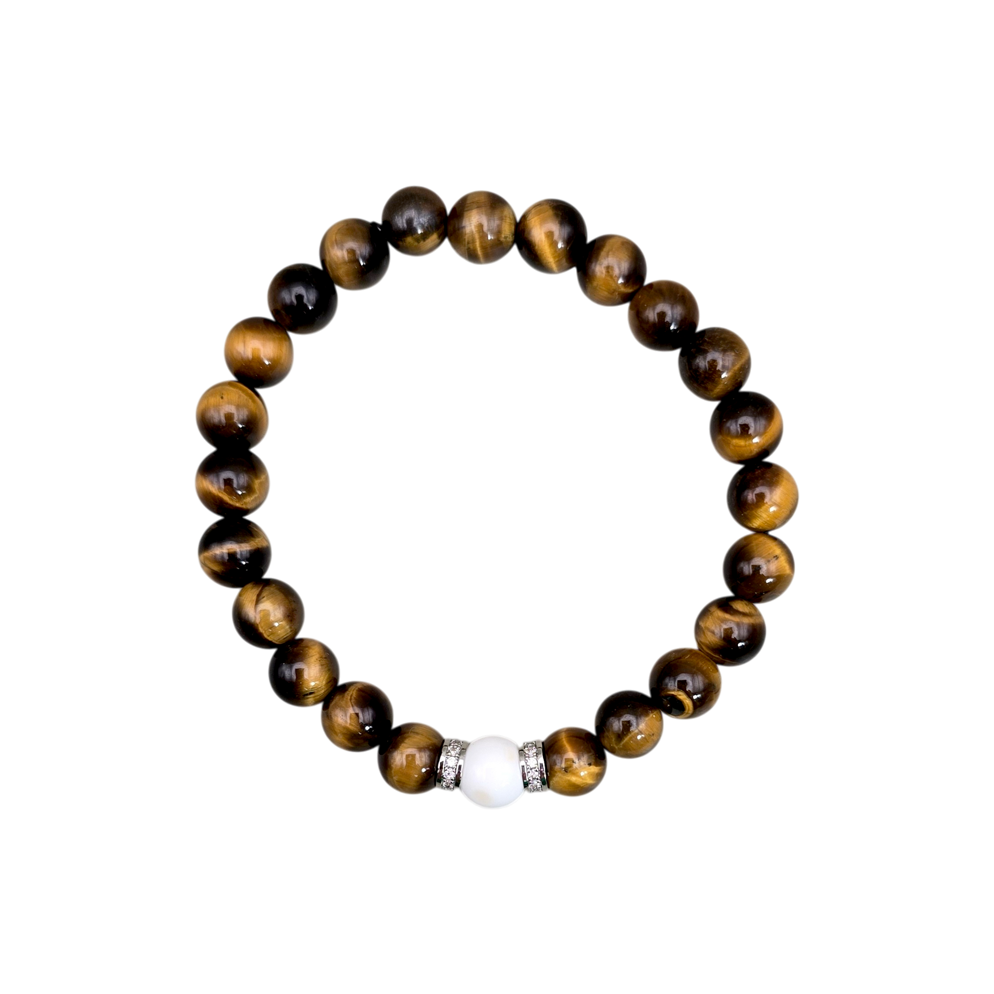 Herren-Armband aus Tigerauge und Magnesit mit 8 mm Edelsteinperlen, silberfarbenen Strass-Zwischenperlen und elastischem Band, Größe 19 cm. 