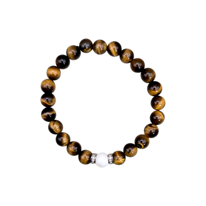 Herren-Armband aus Tigerauge und Magnesit mit 8 mm Edelsteinperlen, silberfarbenen Strass-Zwischenperlen und elastischem Band, Größe 19 cm. 