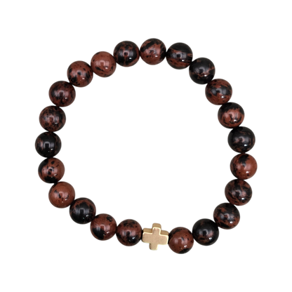 Herrenarmband aus Mahagoni-Obsidian mit 8 mm Edelsteinperlen in Braun-Schwarz und vergoldetem Kreuz, Größe 18 cm.