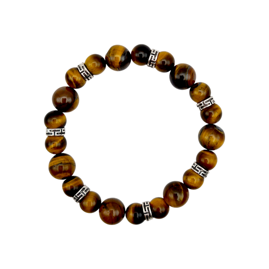 „Herren-Armband aus Tigerauge mit silberfarbenen Zwischenperlen, elastisches Design (17 cm)“

