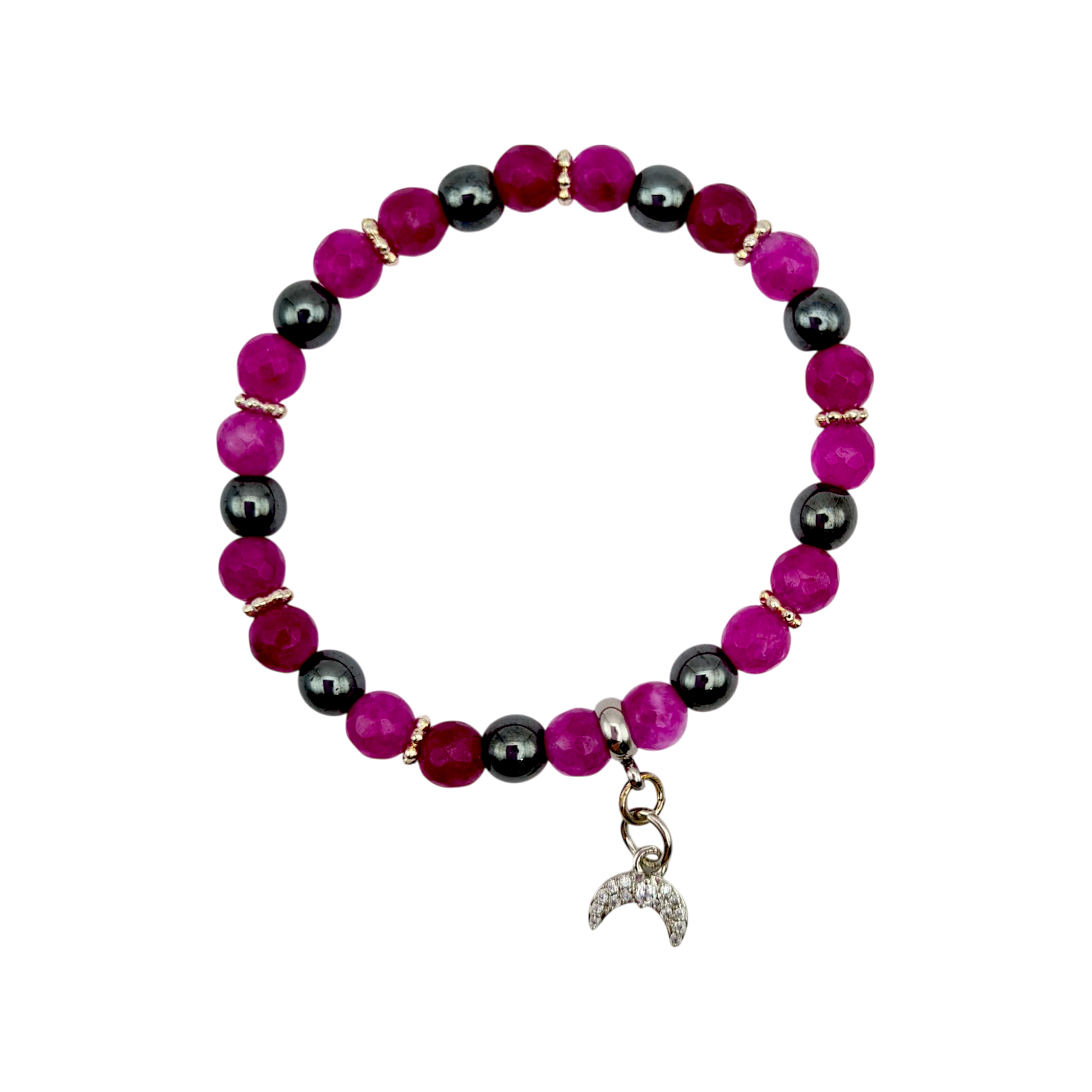 Armband aus Turmalin & Hämatit mit silberfarbenem Mond-Anhänger, 6 mm Perlen, elastisch, 15 cm.