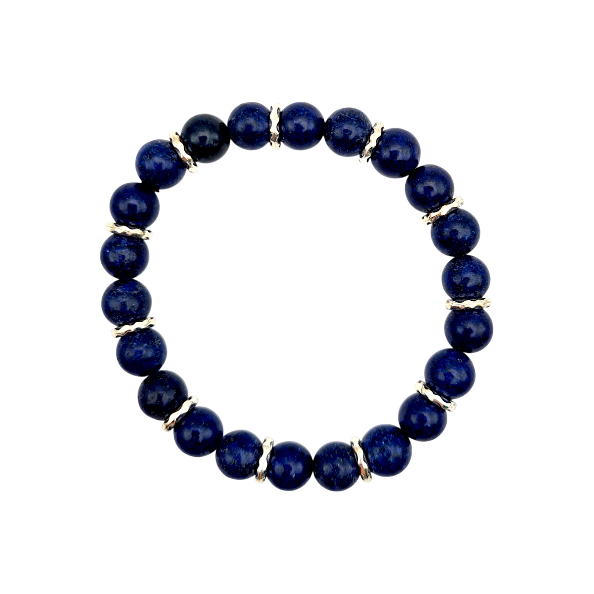 Lapislazuli-Armband mit 8mm Perlen und silberfarbenen Zwischenperlen, elastisches Design, unisex, 17 cm.