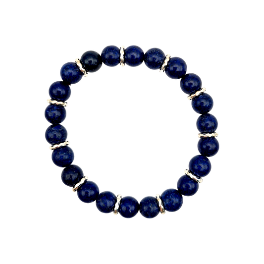 Lapislazuli-Armband mit 8mm Perlen und silberfarbenen Zwischenperlen, elastisches Design, unisex, 17 cm.