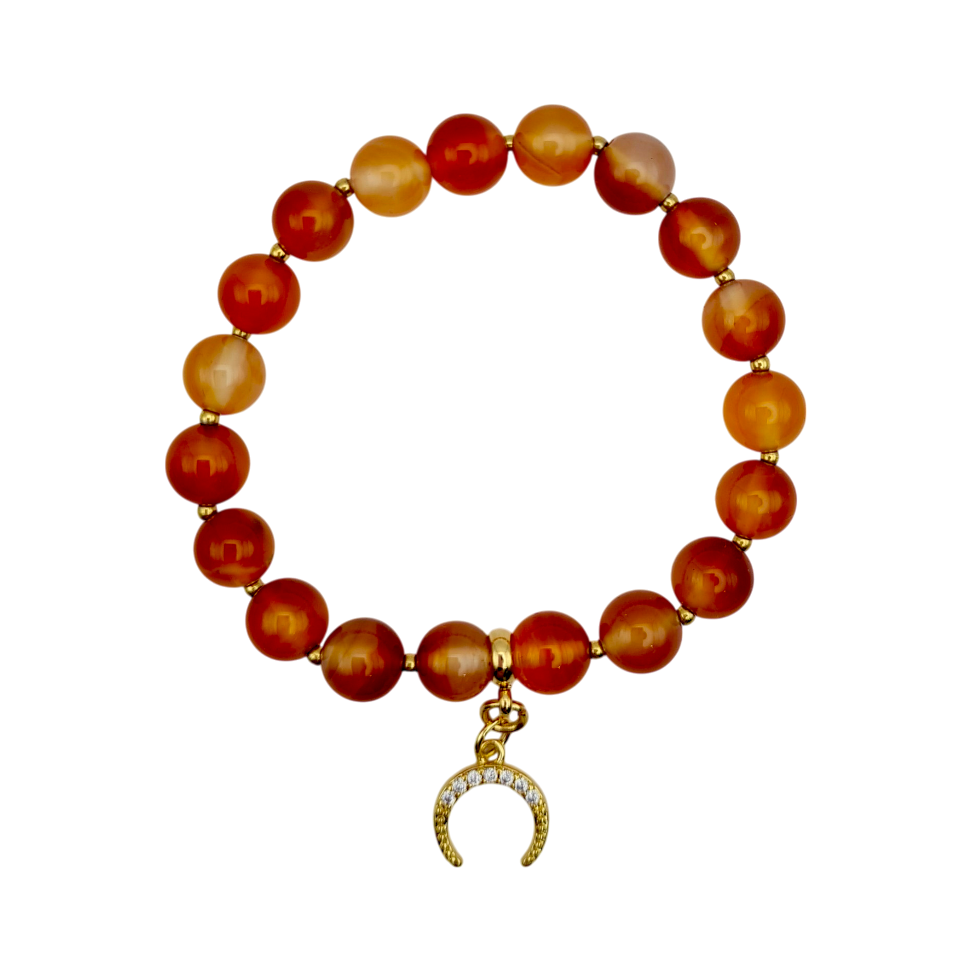 Armband aus Karneol mit 14K vergoldetem Mond-Anhänger, 8 mm Perlen, elastisch, 16 cm Länge.
