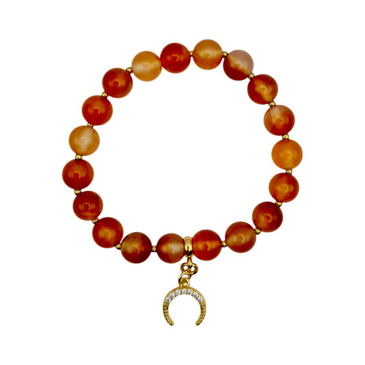 Armband aus Karneol mit 14K vergoldetem Mond-Anhänger, 8 mm Perlen, elastisch, 16 cm Länge.