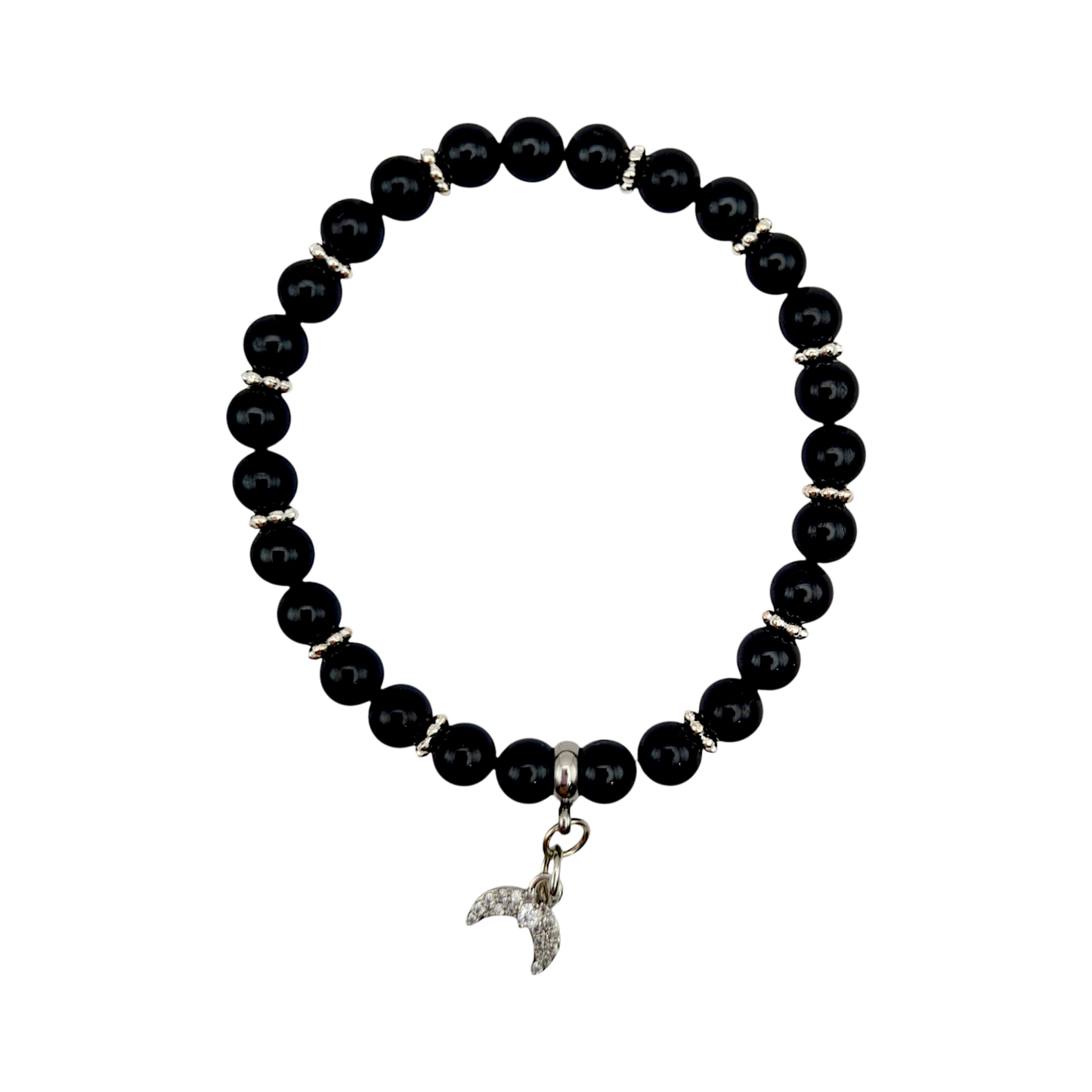 Armband aus schwarzem Turmalin mit silberfarbenen Zwischenperlen und Halbmond-Anhänger, 6 mm Perlen, 16 cm
