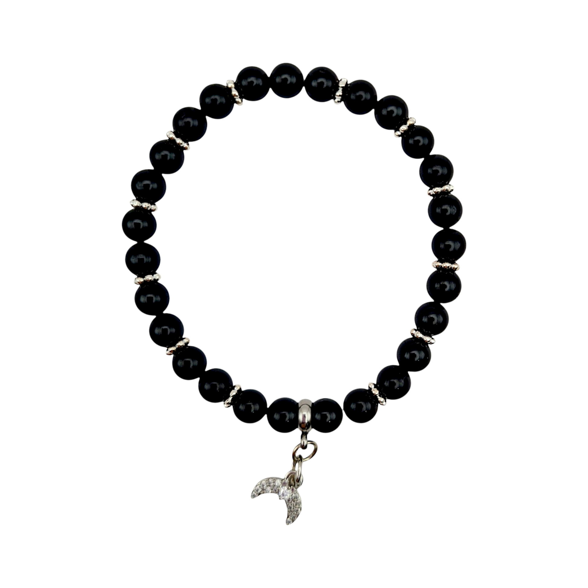 Armband aus schwarzem Turmalin mit silberfarbenen Zwischenperlen und Halbmond-Anhänger, 6 mm Perlen, 16 cm
