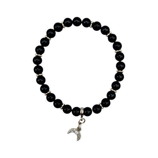 Armband aus schwarzem Turmalin mit silberfarbenen Zwischenperlen und Halbmond-Anhänger, 6 mm Perlen, 16 cm
