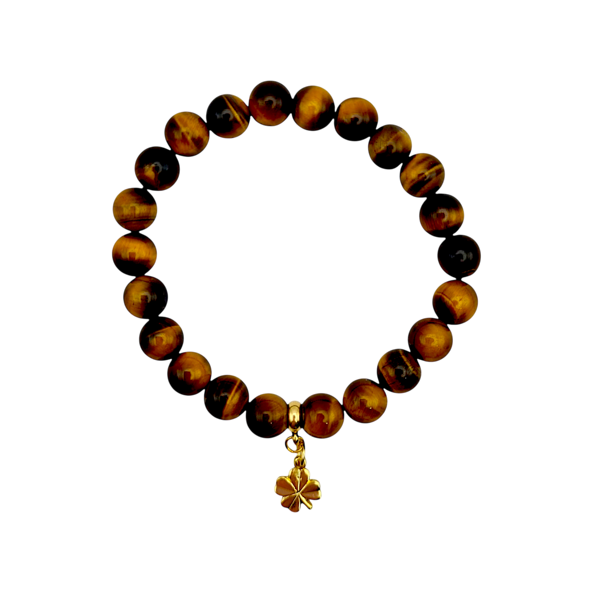 "Armband aus Tigerauge mit 14K vergoldetem Kleeblatt, elastisch, 16 cm, Perlen 8 mm"
