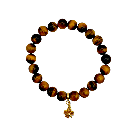 "Armband aus Tigerauge mit 14K vergoldetem Kleeblatt, elastisch, 16 cm, Perlen 8 mm"
