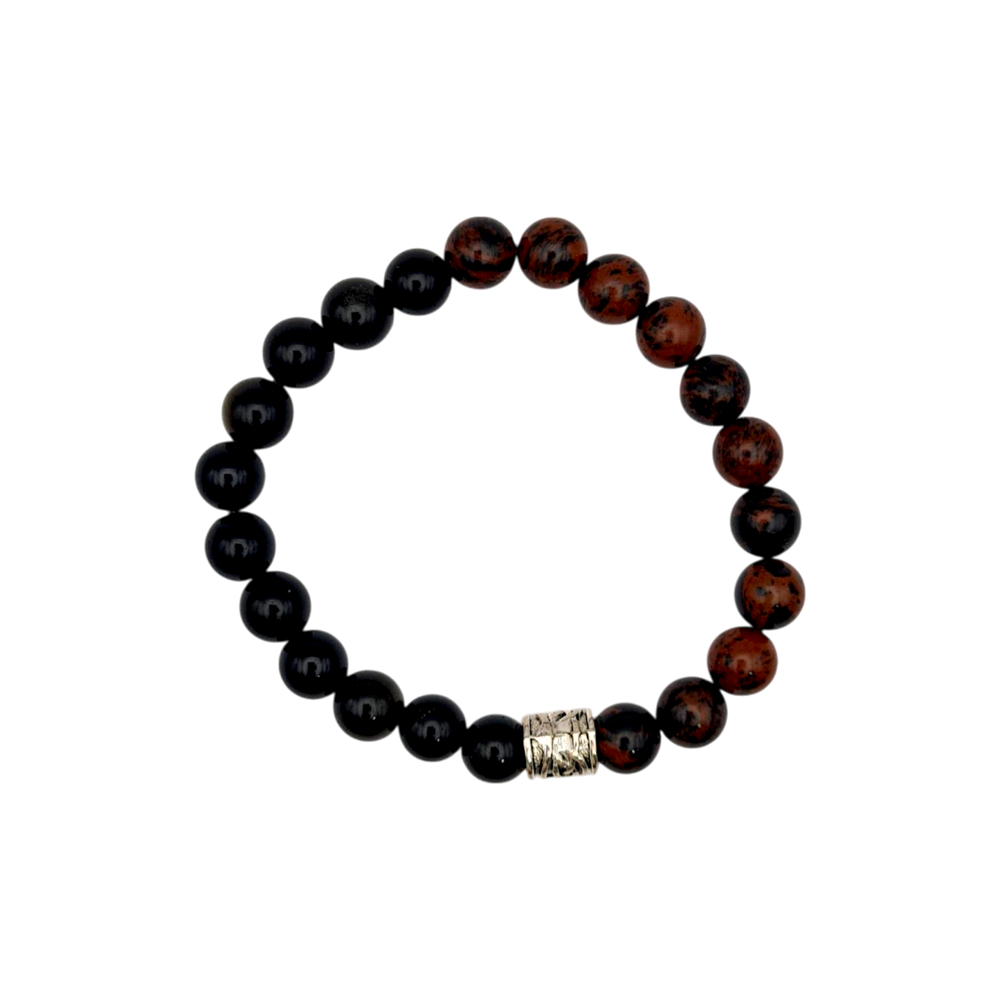 Obsidian-Armband in Schwarz und Mahagoni-Braun mit 8 mm Perlen und silberfarbenen Zwischenelementen, 17 cm