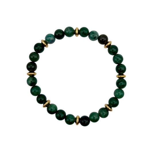 Smaragd-Armband 6 mm mit 14K vergoldeten Elementen, 16 cm, elastisches Band