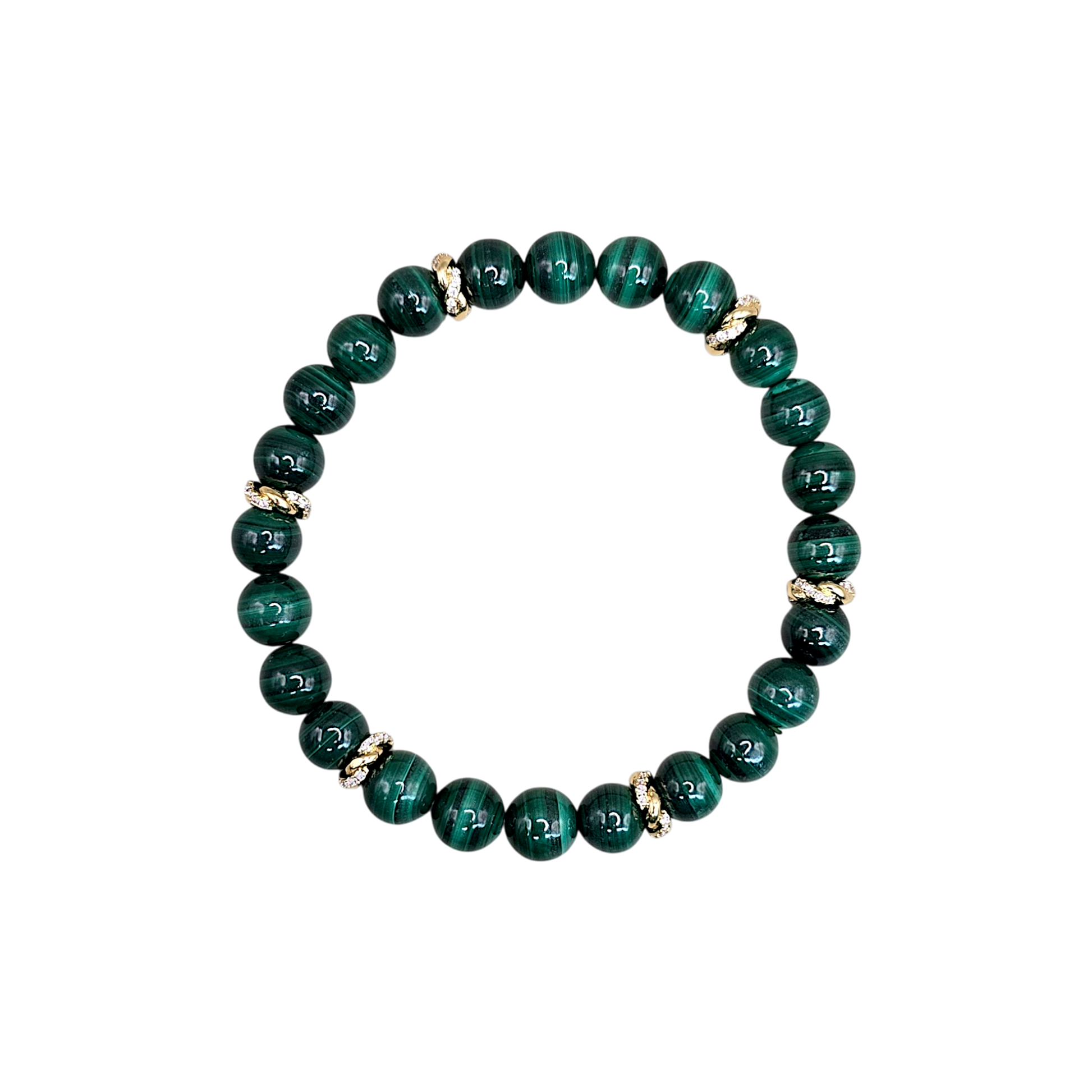 Malachit Armband Stier mit 8 mm Natursteinperlen und vergoldeten Zwischenelementen, elastisches Edelsteinarmband.
