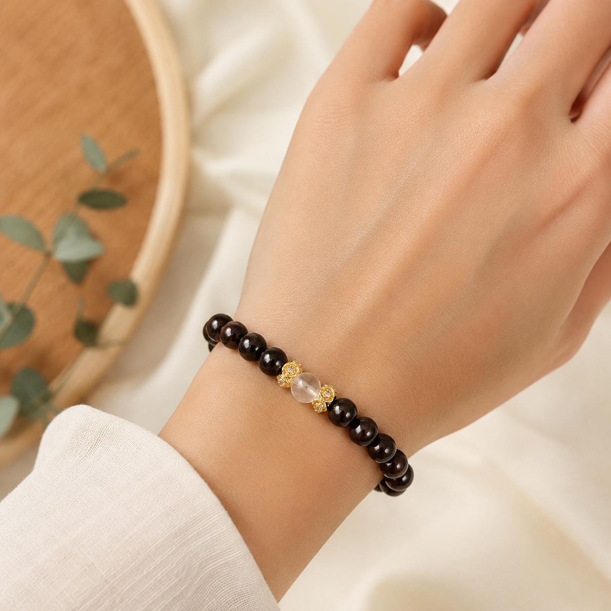 Granat Armband Element Feuer mit Bergkristall und vergoldeten Details