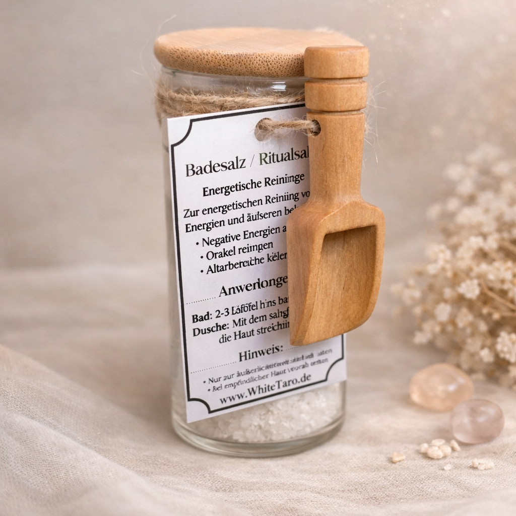 WhiteTaro Ritualsalz in Glasflasche mit Holzdeckel – Totesmeer-Badesalz mit Salbei und Lavendelöl zur energetischen Reinigung, 110 ml