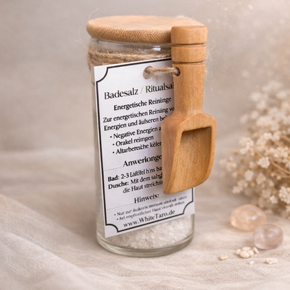 WhiteTaro Ritualsalz in Glasflasche mit Holzdeckel – Totesmeer-Badesalz mit Salbei und Lavendelöl zur energetischen Reinigung, 110 ml
