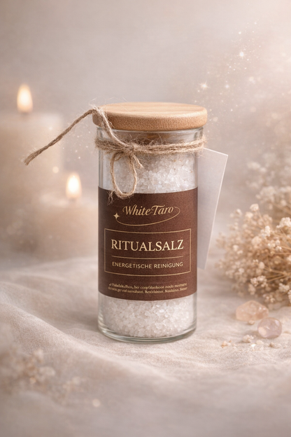 WhiteTaro Ritualsalz in Glasflasche mit Holzdeckel – Totesmeer-Badesalz mit Salbei und Lavendelöl zur energetischen Reinigung, 110 ml